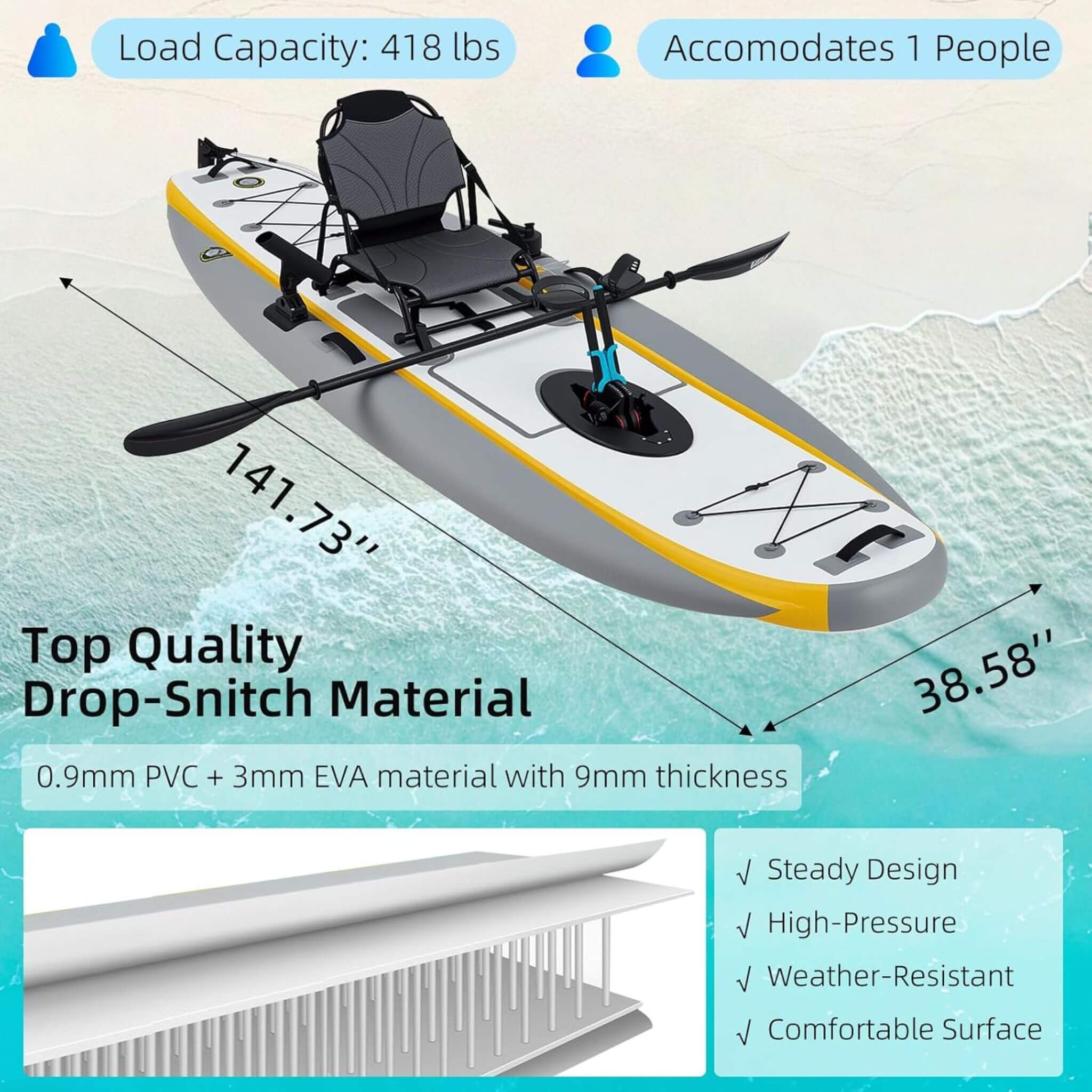 Portable 12FT Lightweight Inflatable PVC Fishing Kayak With Pedal System (SAK64328) - Image 11