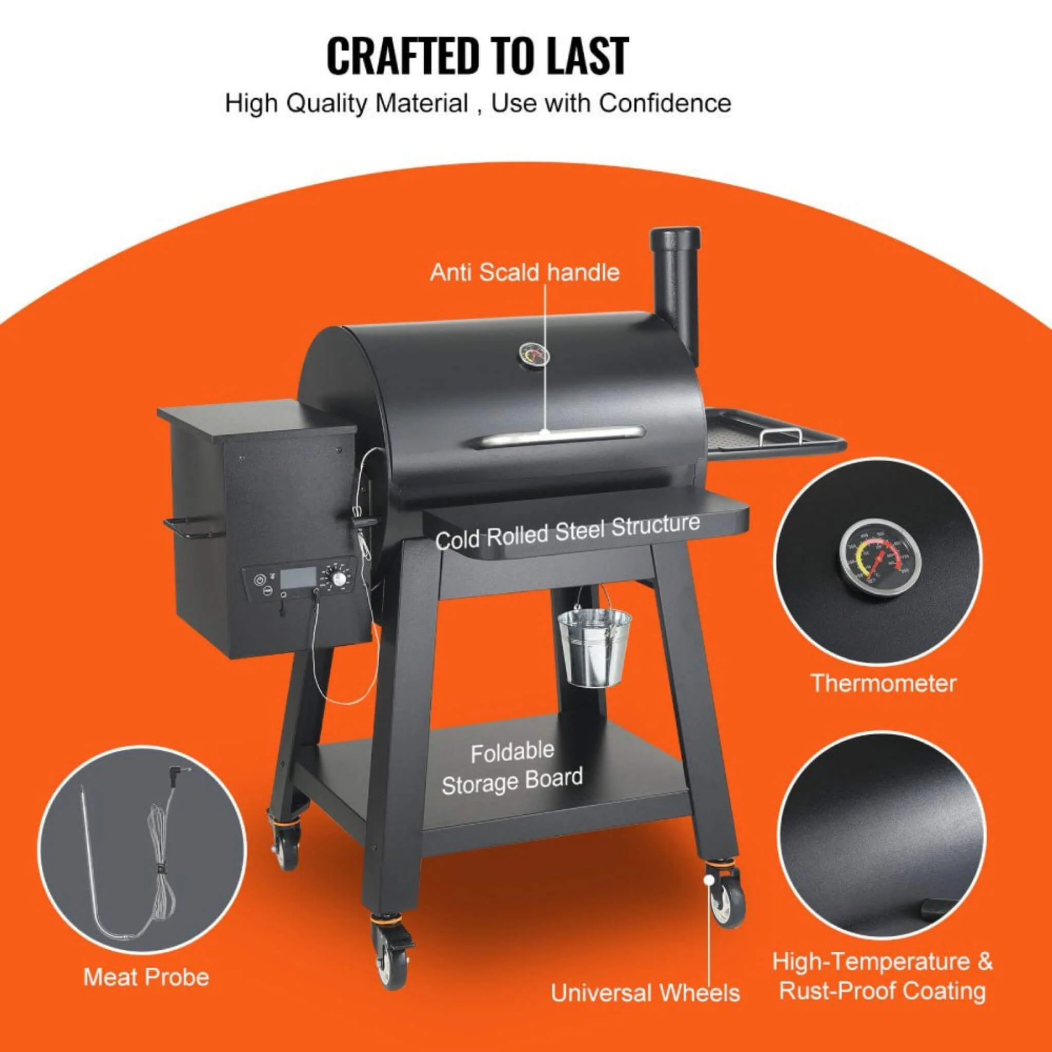 53-Inch Heavy-Duty Portable Wood Pellet BBQ Grill With Cart (SAK93641) - Image 5