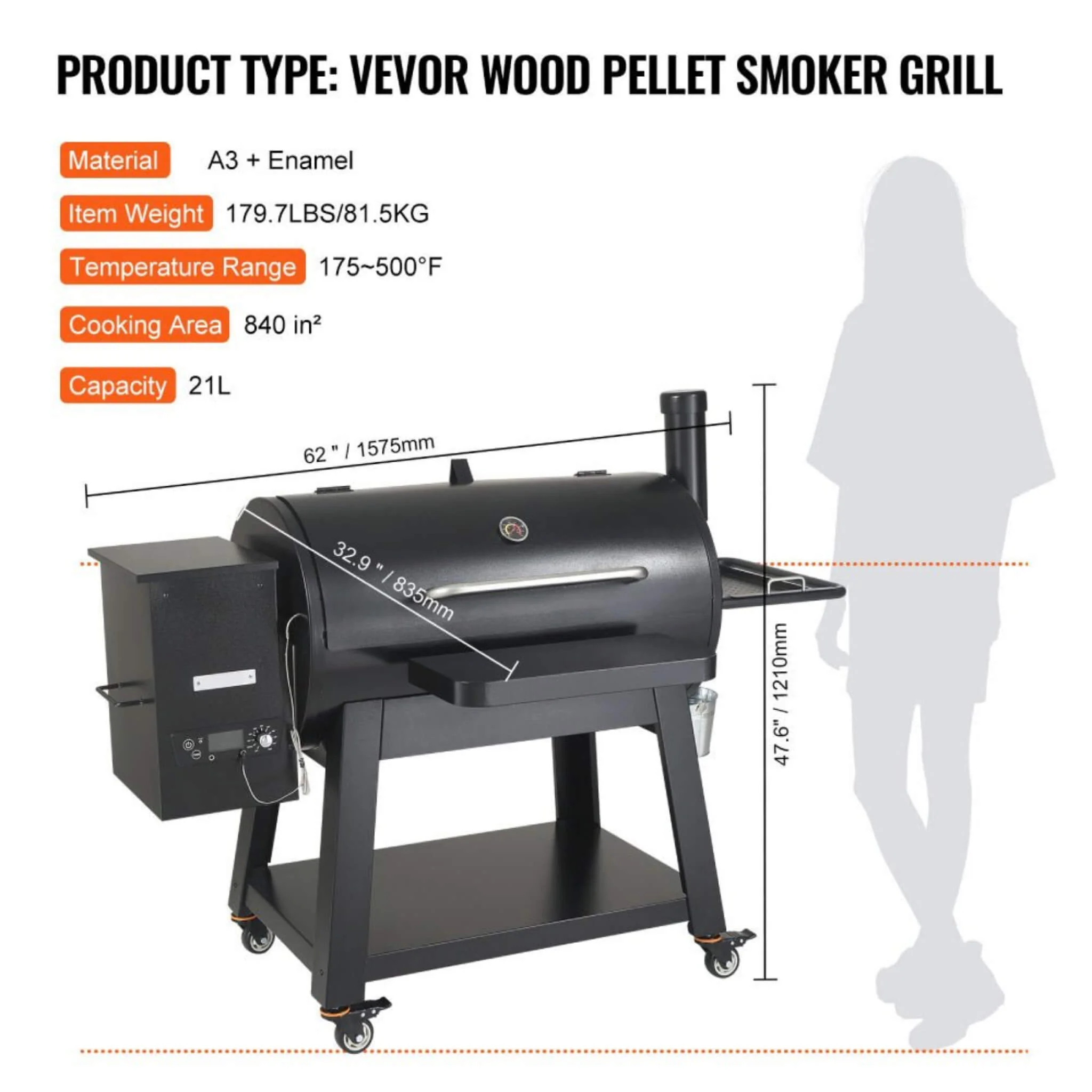 62-Inch Heavy-Duty Portable Wood Pellet BBQ Grill With Cart (SAK91308) - Image 8
