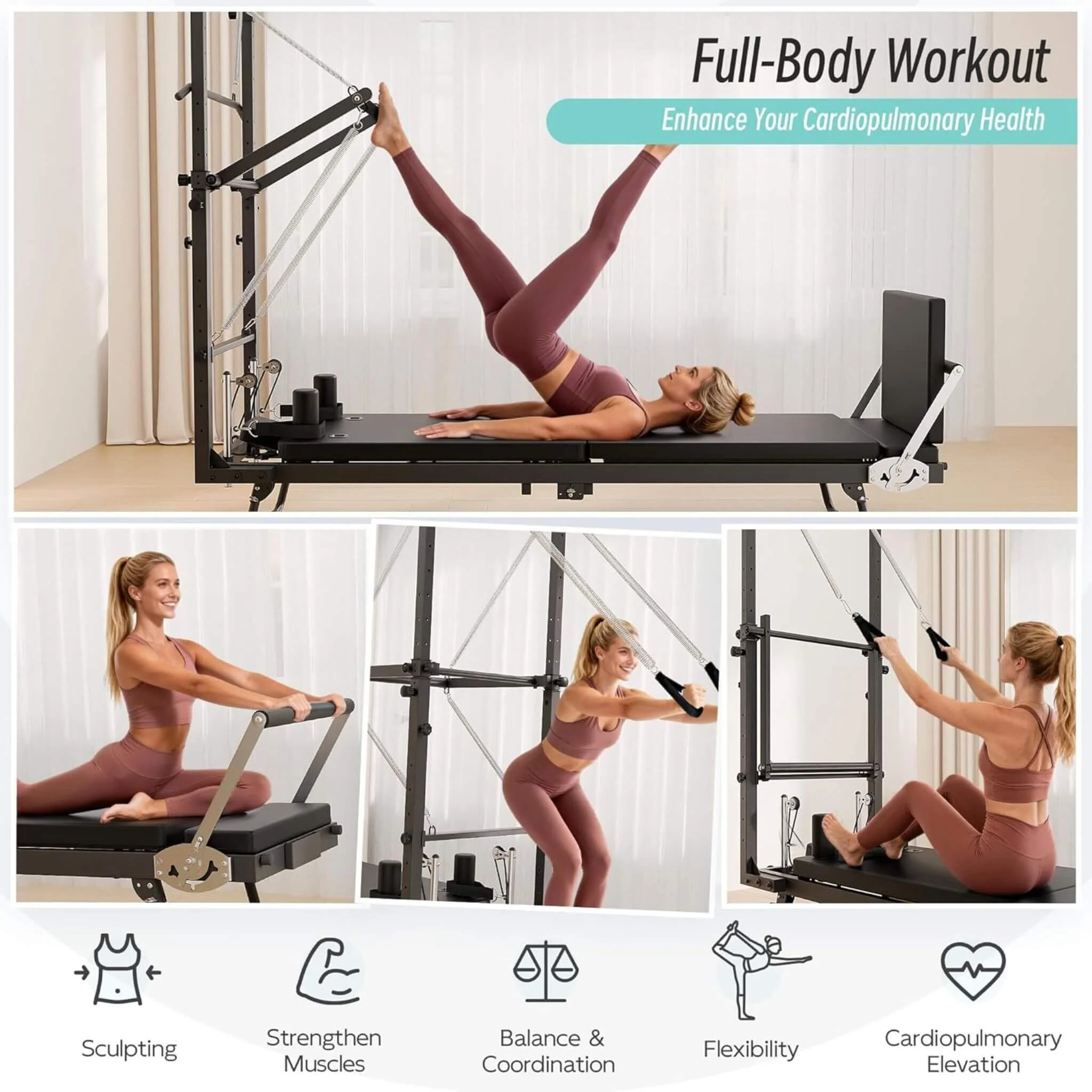 Core Pilates Foldable Dual Resistance Pilates Reformer Machine With Tower (SAK96041) - Image 3