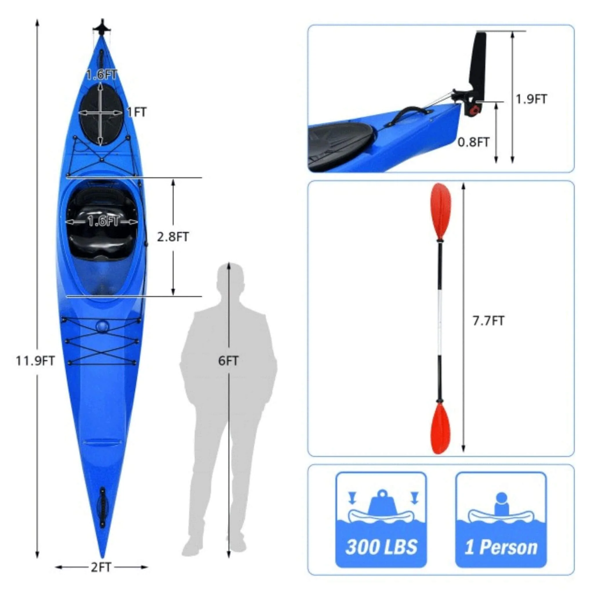 GoPlus 12FT Single-Person Sit-In Fishing Kayak Boat W/ Paddle & Rudder (SAK98162) - Image 8