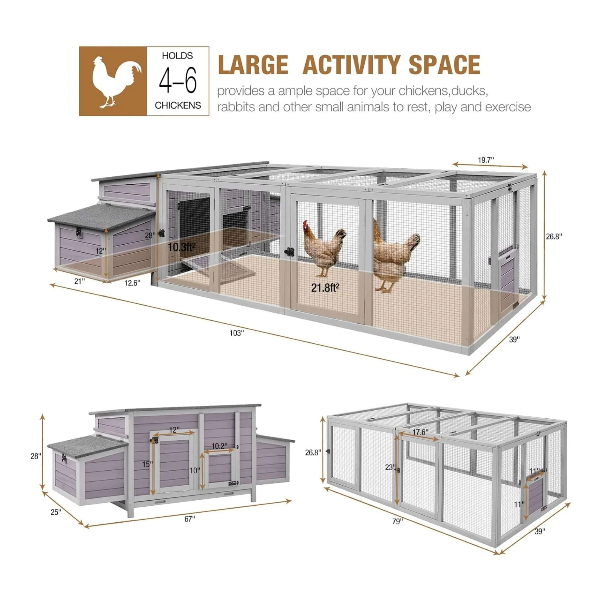 Large 103-Inch Outdoor Chicken Coop House With Run And Nesting Box [4-6 Chickens] (SAK53194) - Image 9