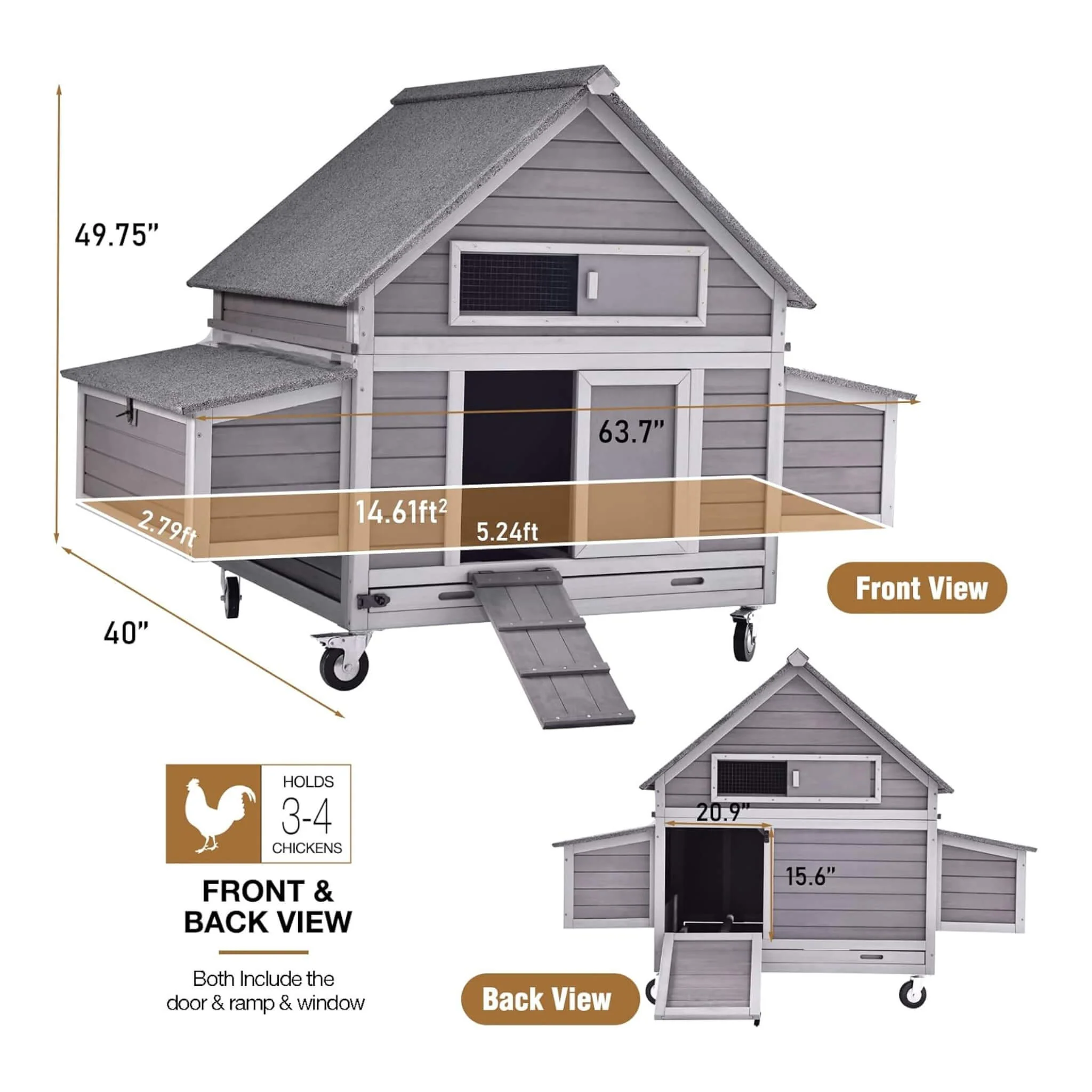 Large 63-Inch Movable Wooden Hen House With Wheels And Nesting Box (SAK50791) - Image 10