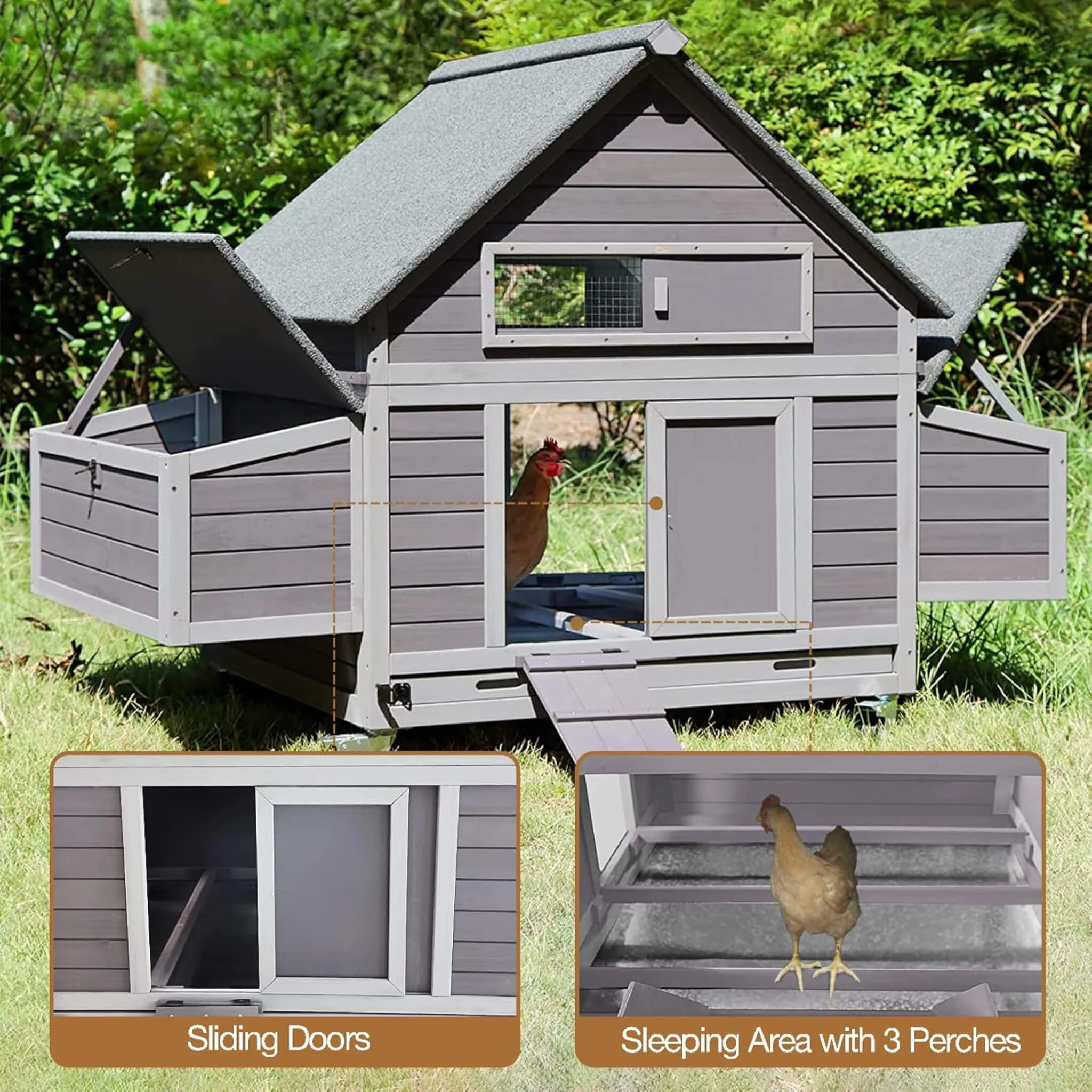 Large 63-Inch Movable Wooden Hen House With Wheels And Nesting Box (SAK50791) - Image 9