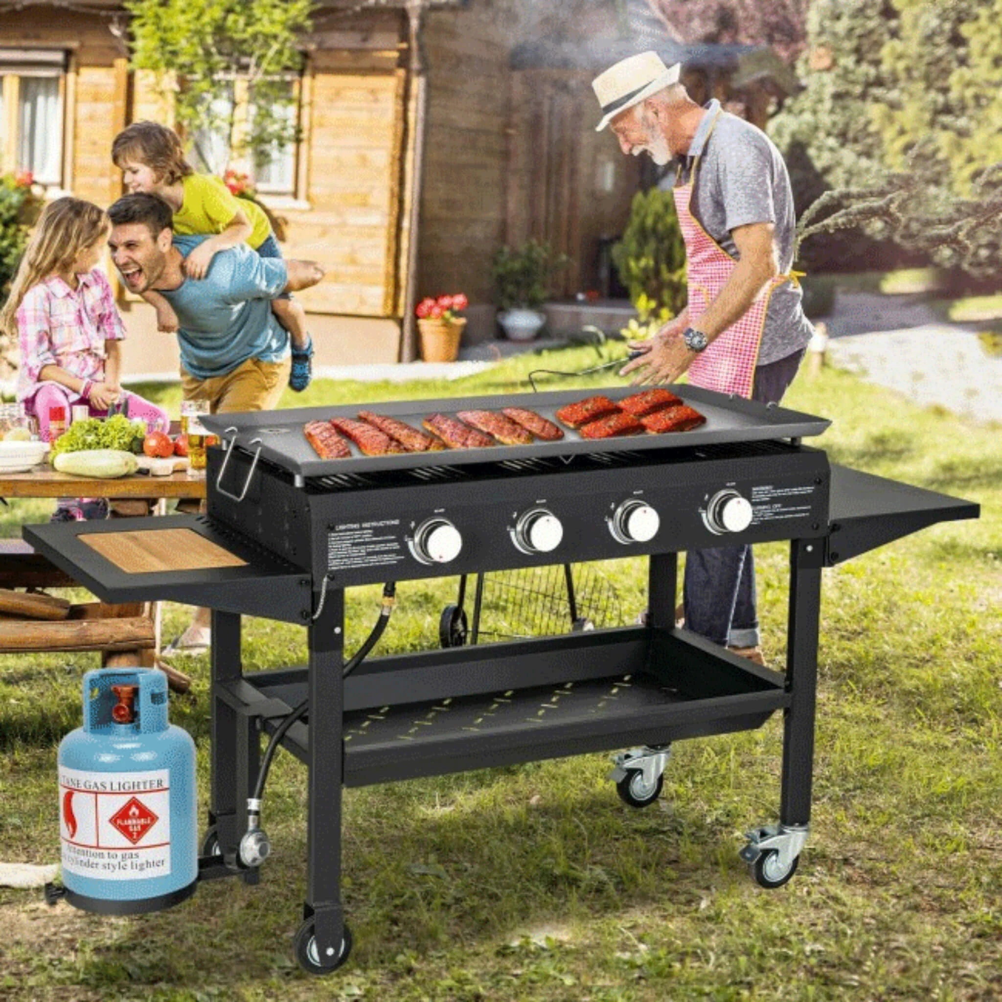 Portable Outdoor 4 Burner Propane Flat Top Gas Grill W/ Wheels, 60K BTU (SAK66104) - Image 6