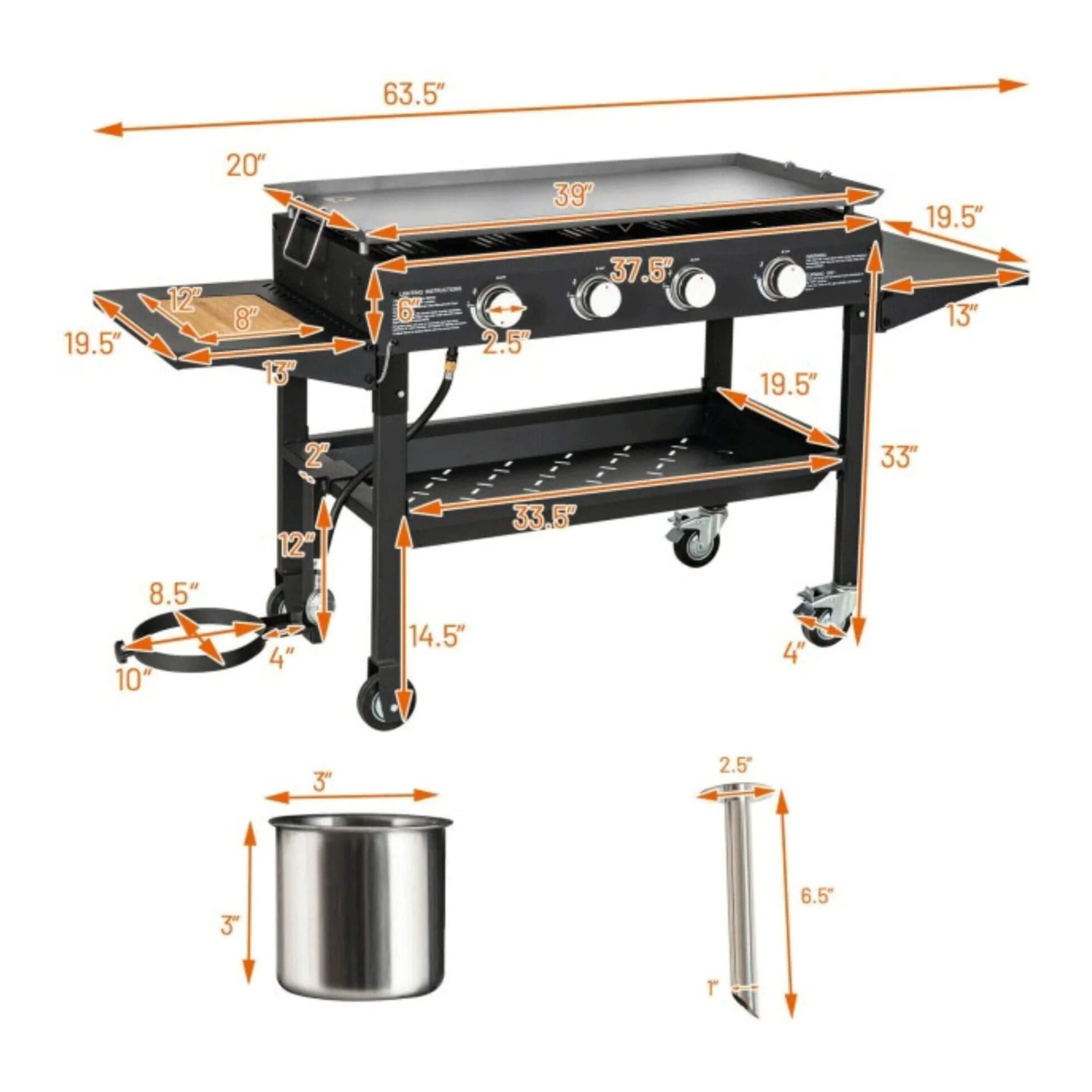 Portable Outdoor 4 Burner Propane Flat Top Gas Grill W/ Wheels, 60K BTU (SAK66104) - Image 7