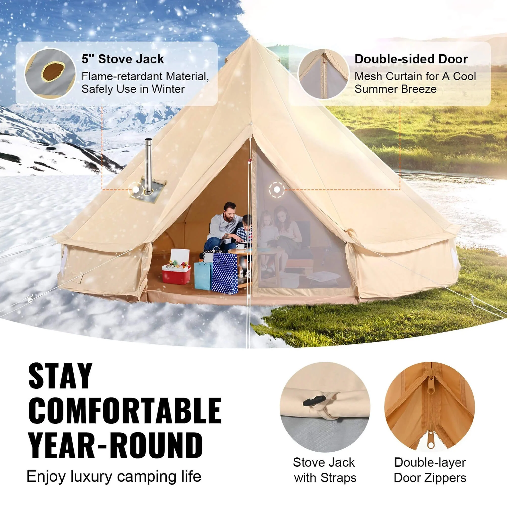 Premium 4-Season Camping Canvas Bell Yurt Tent With Stove Jack (SAK47589) - Image 3