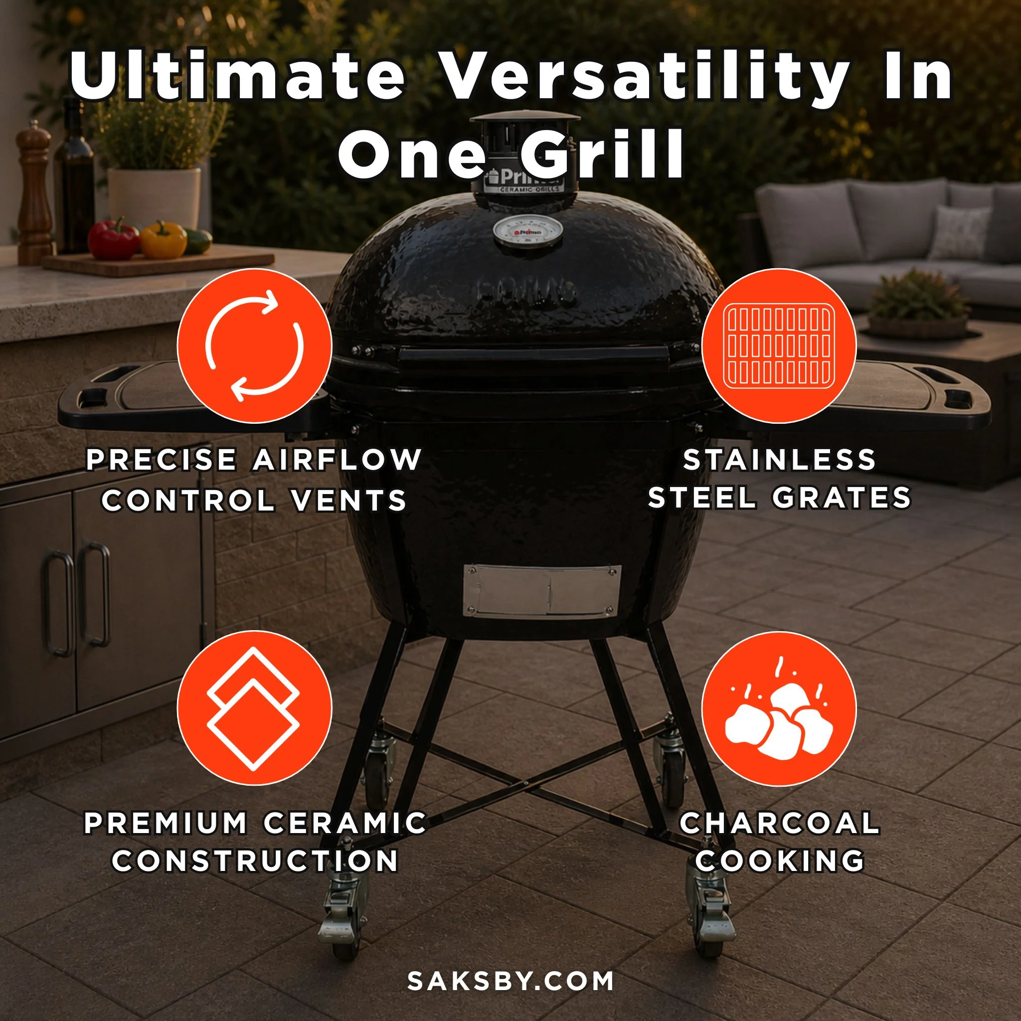Primo Oval Large 300 All-In-One Ceramic Kamado Grill W/ Cradle, Side Shelves & Stainless Steel Grates [PGCLGC] (SAK21293) - Image 5